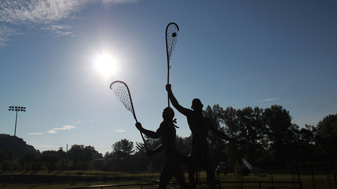 photo of sculpture installed at the U.S. Lacrosse headquarters/Lacrosse Hall of Fame in Sparks, Maryland.